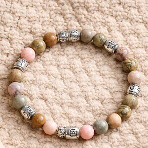 Elegant Amazonite Peach and Gray Beaded Bracelet with Silver Accents - New
